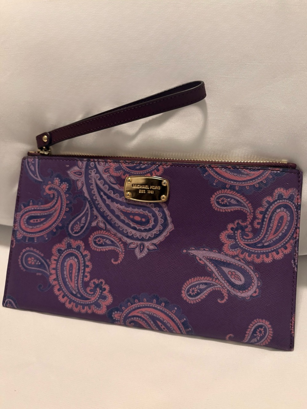 Michael Kors Purple Paisley Zip Wristlet with Gold Plate - Used